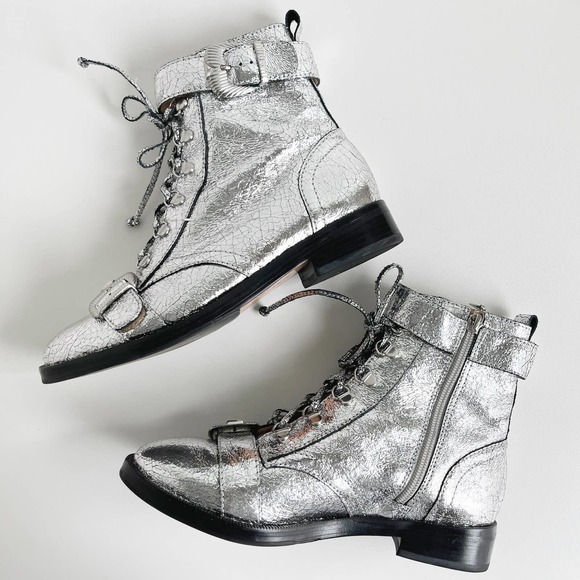 Schutz Metallic Silver Crushed Leather Magda Combat Boots Size 7 - Picture 3 of 10